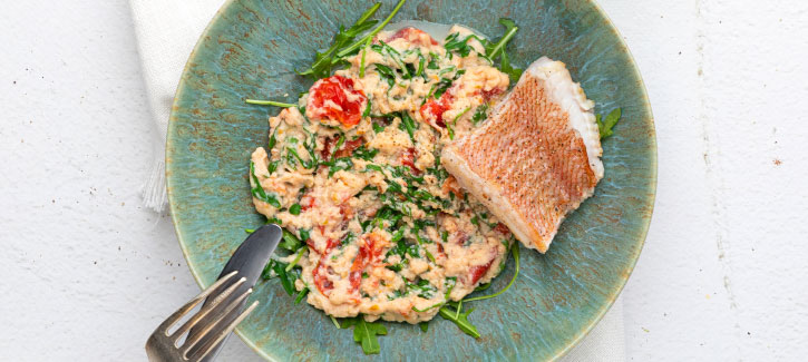Aardappelpuree met tomaatjes en roodbaarsfilet