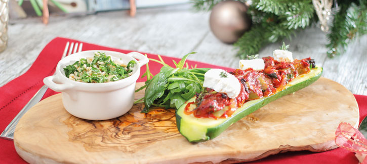 Gegratineerde courgette gevuld met rijst en Provençaalse ratatouille