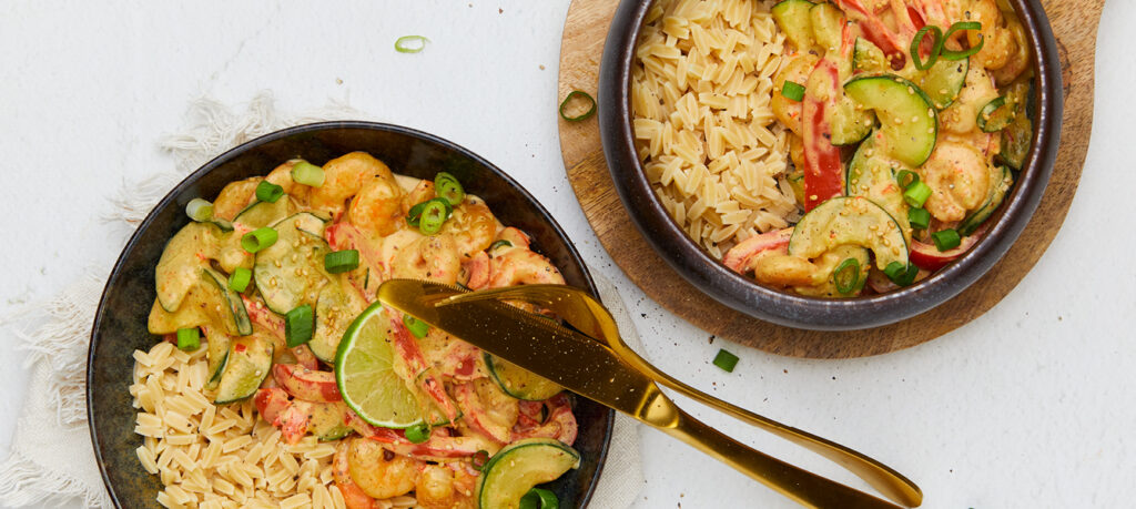 Curry met garnalen en risoni